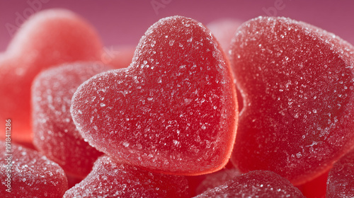 Macro photography of sugar-coated heart-shaped pink gummy candies, soft rounded heart jelly with crystal sugar texture, romantic sweet treats for Valentine's Day and gifting concepts.