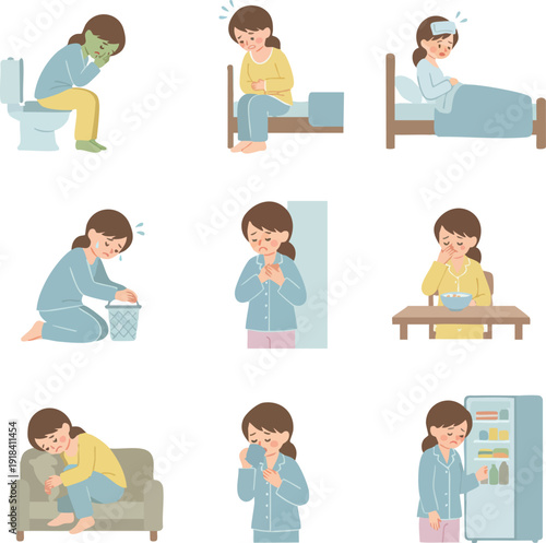 Set of 9 Flat Illustrations of a Woman Experiencing Food Poisoning and Stomach Flu Symptoms, Showing Nausea, Vomiting, Fever, and Dehydration for Medical, Healthcare, and Educational Infographics