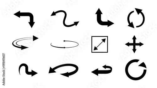 A collection of various black arrow symbols and shapes is displayed against a stark white background showcasing directional movement high quality professional detailed modern elegant stylish