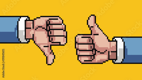 A pixelated illustration displays two hands making opposing gestures a thumbs down on the left and a thumbs up on the right against a yellow
