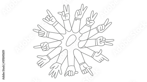 A collection of hands displaying various finger gestures radiates outward from a central oval shape in a simple black and white drawing high quality professional detailed