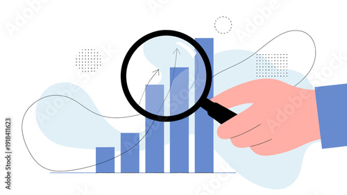An illustration depicts a hand holding a magnifying glass over a rising bar graph symbolizing analysis and data examination high quality professional detailed modern elegant stylish