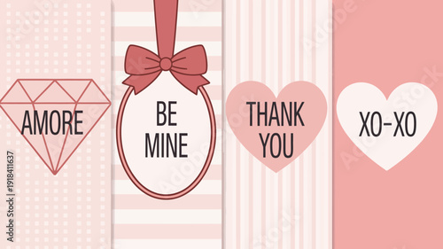 A collection of four pastel colored cards with romantic and thankful phrases including a diamond bow and hearts high quality professional detailed modern elegant stylish clean