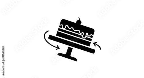 Abstract vector illustration of a festive, multi-layered cake with icing and a cherry, set on a rotating display stand, symbolizing celebration and delicious treats