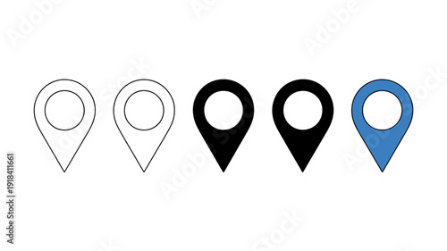 A series of location pin icons are displayed showing variations in color and fill including black white and blue high quality professional detailed modern elegant stylish