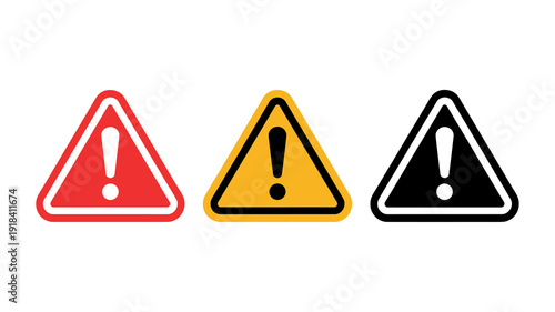 Three triangular warning signs are displayed in red yellow and black each featuring a centered exclamation point high quality professional detailed modern elegant stylish clean crisp
