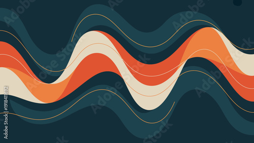 An abstract background features undulating waves in a palette of orange cream and teal outlined with delicate gold lines high quality professional detailed modern elegant stylish