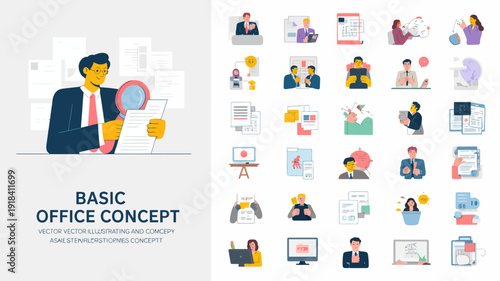 A colorful collection of flat design icons depicting office work data analysis communication and various business related concepts high quality professional detailed modern elegant stylish clean