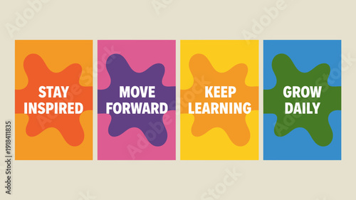 Four brightly colored squares display motivational words stay move keep and grow with abstract organic shapes high quality professional detailed modern elegant stylish clean crisp vibrant