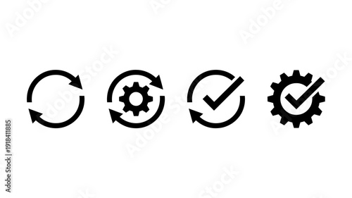 A set of four simple black icons depicting circular arrows gears and checkmarks suggesting process automation and completion high quality professional detailed modern elegant stylish clean