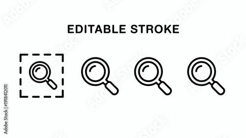A set of four magnifying glass icons is displayed one within a dashed square all with editable stroke lines high quality professional detailed modern elegant stylish