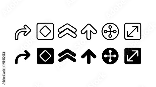 A series of black and white icons are displayed in two rows showcasing various symbols including arrows diamonds and brackets high quality professional detailed modern elegant