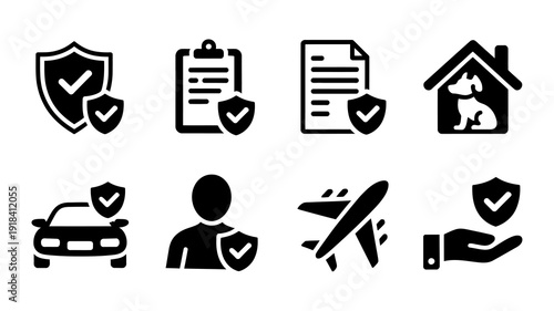 A collection of black and white icons depicting security insurance travel and home ownership concepts in a simple linear style high quality professional detailed modern elegant