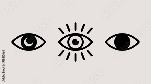 A minimalist illustration depicts three stylized eyes with the central eye radiating bright lines resembling sunlight or energy high quality professional detailed modern elegant stylish clean