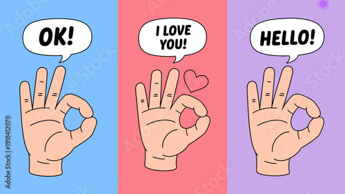 A vibrant illustration depicts three hands making the ok sign each paired with a speech bubble containing a different message high quality professional detailed modern elegant