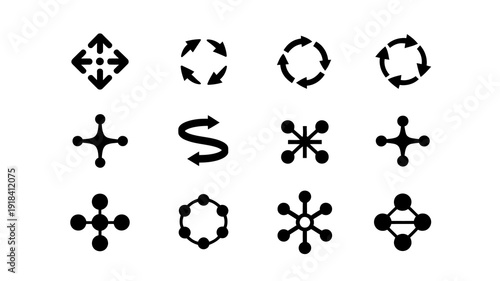 A collection of nine black circular symbols displaying various arrow and geometric designs on a white background high quality professional detailed modern elegant stylish clean crisp