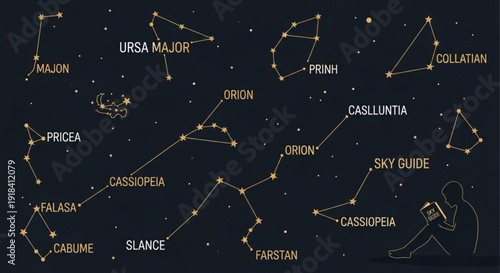 Starry night sky with constellations astronomy guide stargazing celestial map stars and constellations