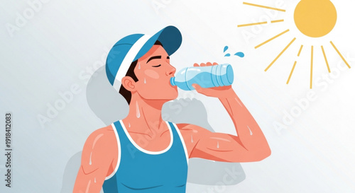 Man drinking water from a bottle on a hot sunny day feeling hydrated and refreshed
