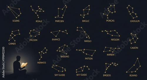 Man sitting in the dark reading a book with constellations and stars in the background