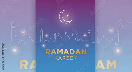 Ramadan kareem greeting card with crescent moon and city skyline at sunset islamic holiday background
