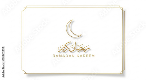 Ramadan kareem greeting card with golden crescent moon and arabic calligraphy on white background