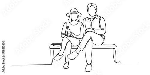 Continuous line drawing of a young couple sitting on a wooden bench and enjoying drinks. Vector, illustration
