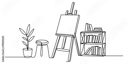 Minimalist line art illustration of a creative art studio with an easel, stool, and bookshelf. Vector, illustration