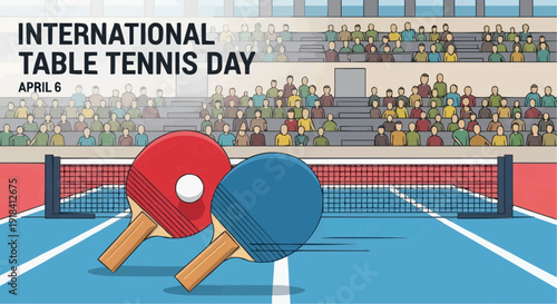 Table tennis paddles on court with audience celebrating International Table Tennis Day  