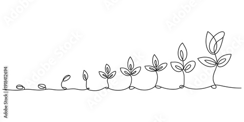 Minimalist continuous line art illustrating the sequential growth stages of a small plant seedling Vector, illustration