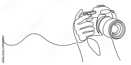 Continuous line drawing of hands holding a professional digital slr camera for photography. Vector, illustration