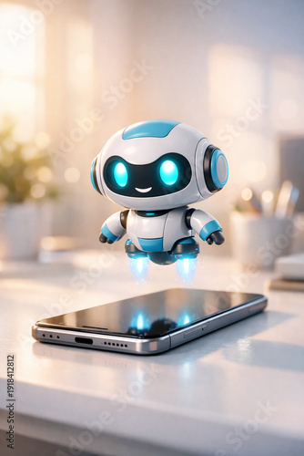 Wallpaper Mural 3D Illustration of a Cute AI Chatbot Mascot Floating above a Smartphone Screen on a Desk for Virtual Assistant and Artificial Intelligence Technology Concept Torontodigital.ca