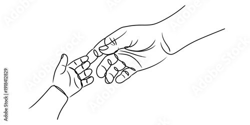 Simple line drawing of a baby's hand gently grasping an adult's index finger Vector, illustration