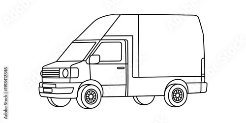 Line drawing of a commercial delivery van with a large cargo area for transport services Vector, illustration