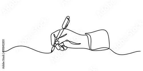 Continuous line drawing of a human hand holding a pen and writing on a white surface. Vector, illustration