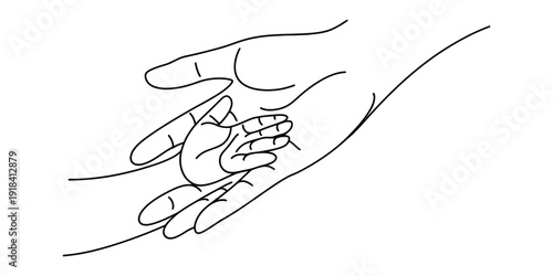 A simple line drawing of a small baby hand resting in the palm of a larger adult hand Vector, illustration