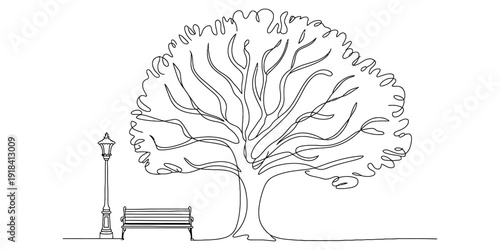 A minimalist line drawing of a large leafy tree next to a park bench and a street lamp Vector, illustration