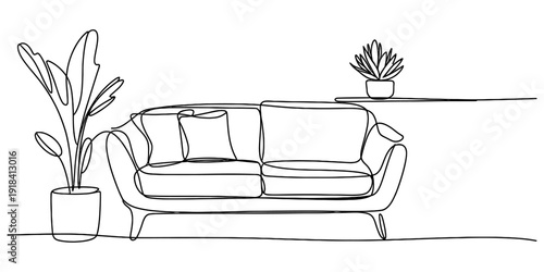 Continuous line art drawing of a modern living room interior with a sofa and potted plants. Vector, illustration