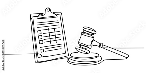 Continuous line drawing of a clipboard with a checklist next to a judge's gavel, symbolizing legal compliance and documentation Vector, illustration