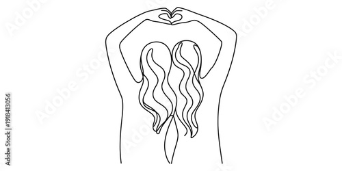 A minimalist line art illustration of a person seen from behind making a heart shape with their hands above their head Vector, illustration