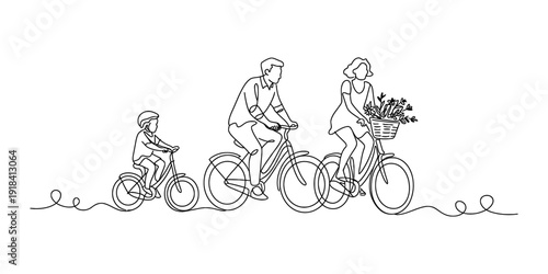 A simple continuous line art illustration showing a family of three riding bicycles together Vector, illustration
