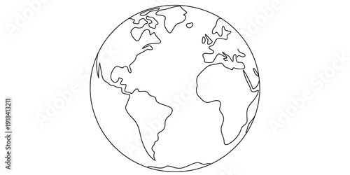 A simple black and white line drawing depicting a globe with visible continents, including the americas, africa, and europe. Vector, illustration