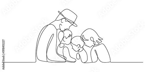 A continuous line drawing of a family embracing, showing love and connection between parents and children Vector, illustration