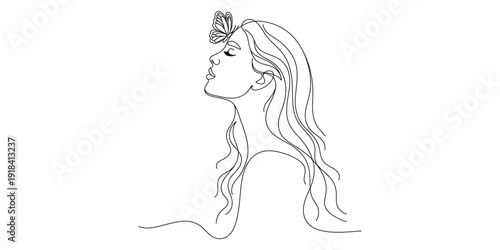 A minimalist line art drawing of a woman's profile looking up at a butterfly resting on her forehead Vector, illustration