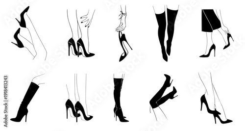 Women High Heels Silhouette Set, Stiletto Pumps, Pointed Toe High Heels, Ankle Strap Sandals, Knee High and Over the Knee Boots with Ultra High Slim 10–12 cm Heels, Glamour Fashion Female Legs