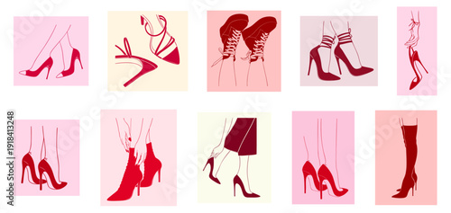 Women High Heels Silhouette Set, Stiletto Pumps, Lace Up Ankle Boots, Platform Sandals, Strappy Heels and Pointed Toe Shoes with Ultra High Slim Heels 8–12 cm Glamour Fashion Female Legs