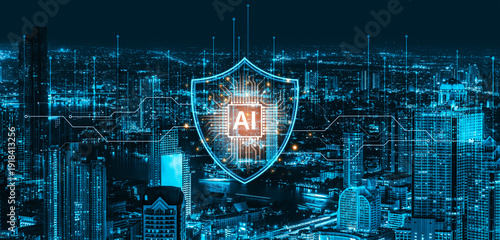 Fotografía AI cybersecurity safeguards systems with encryption, access control, and AI secure data flow