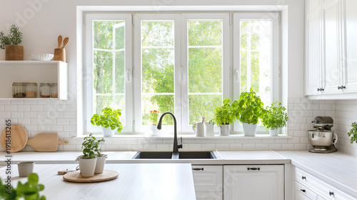 Bright clean kitchen after deep cleaning, minimal interior with natural light, home refresh and spring reset concept