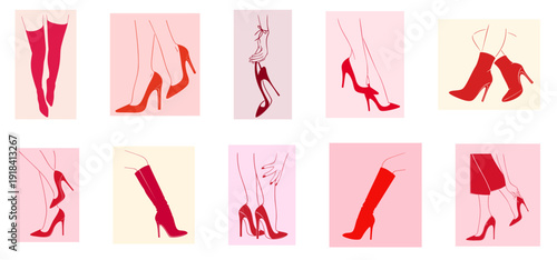 Women High Heels Silhouette Set, Ultra High Stiletto Pumps, Pointed Toe Court Shoes, Ankle Strap Sandals, Platform Heels, Knee High Boots and Stiletto Ankle Boots