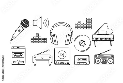 Colorful music instruments and sound symbols flat vector icon pack isolated on white