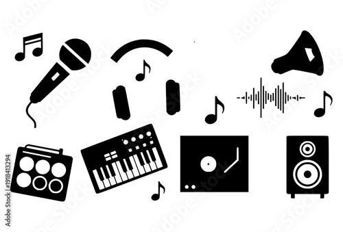 Minimal line music equipment and audio symbol icon collection isolated on white background